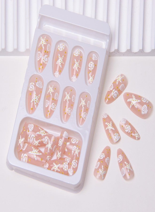 TOGZOM Summer Press on Nails Almond Beach Fake Nails 3D Ocean Acrylic Nails White Sea Shell Starfish Artificial Nails Medium Length False Nails Glue on Nails for Women Girls Manicure 24Pcs - Image 5